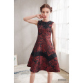 2021 New Latest Design Round Neck Dark Red Printed Party Dress A-line Sleeveless  Hand make Beading Flower Printed  Evening Gown